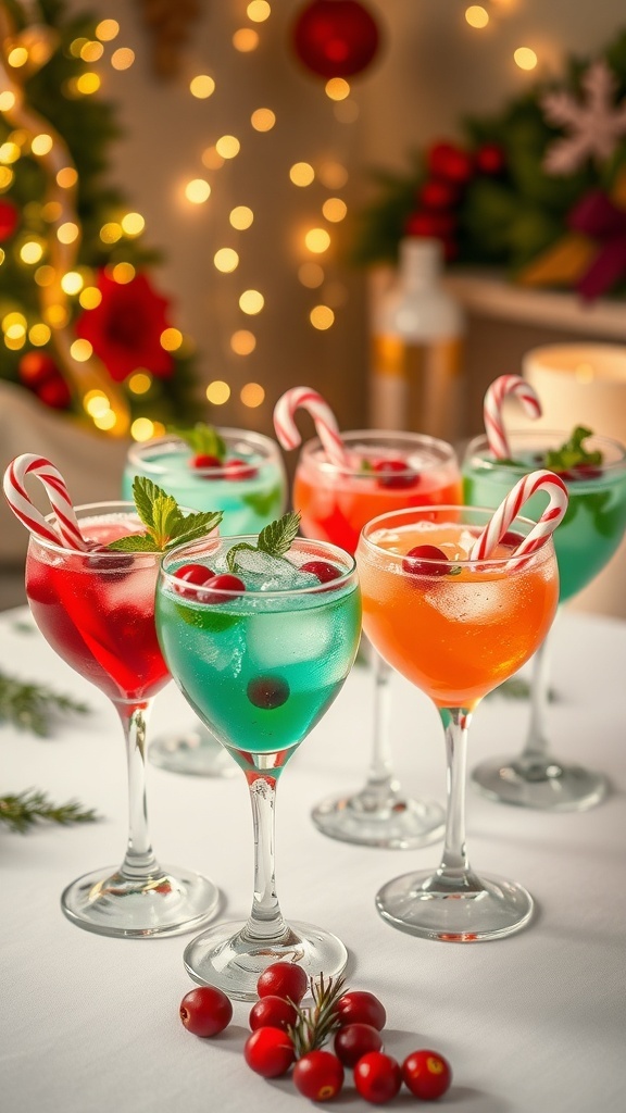 A vibrant display of Christmas cocktails on a festive table with holiday decorations.